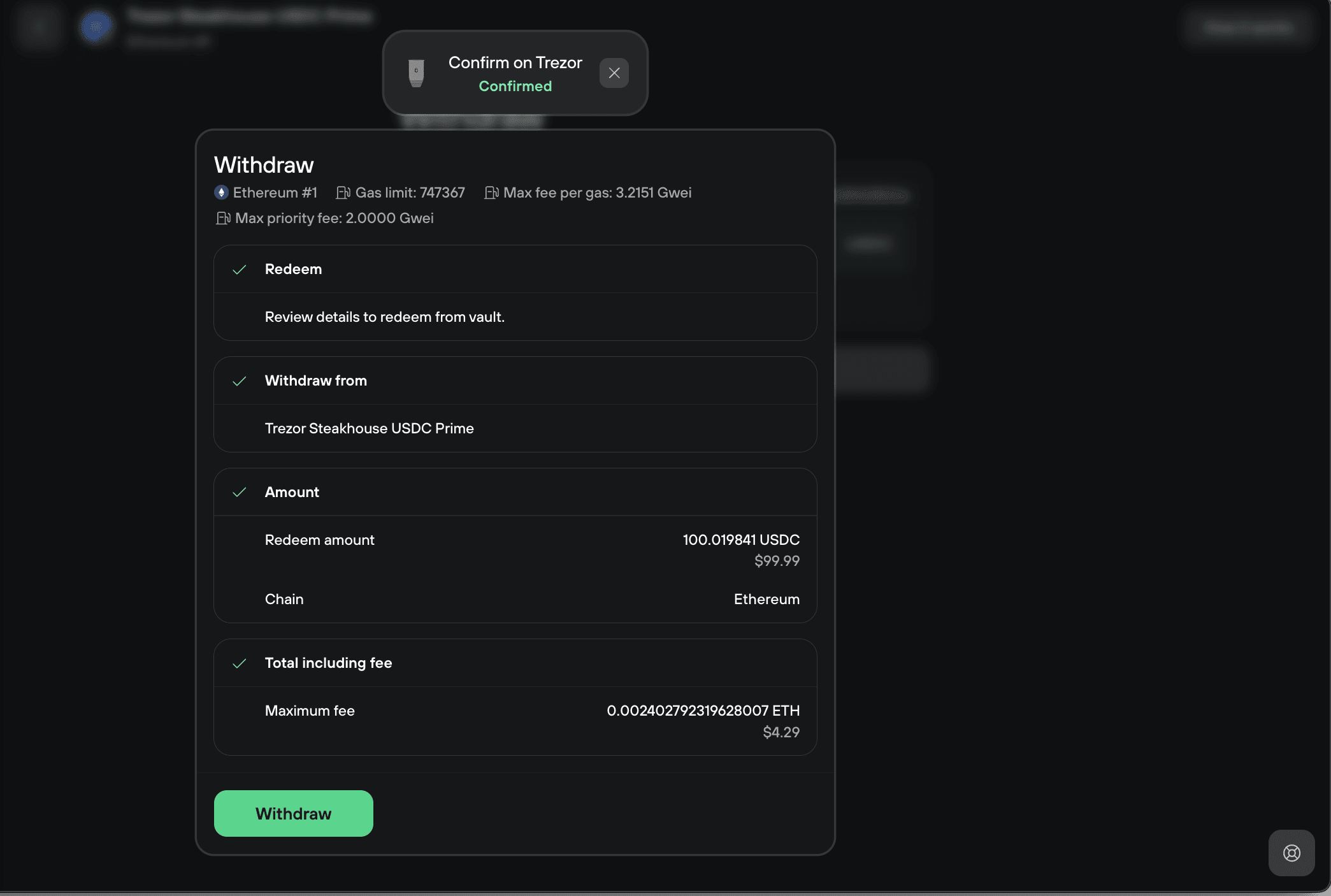 Withdrawal confirmation showing redemption amount, vault, chain, and maximum fee after Trezor confirmation