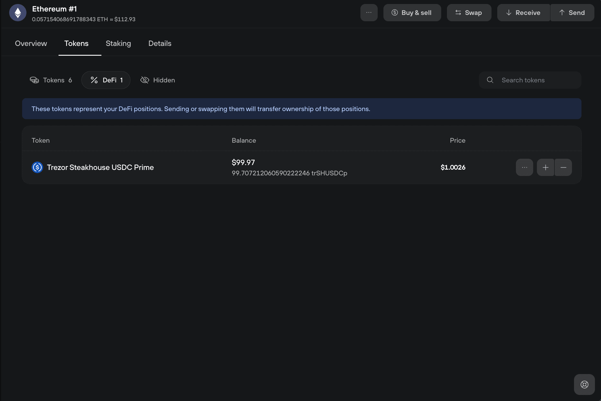 Ethereum token list showing the USDC Prime DeFi position with balance and price