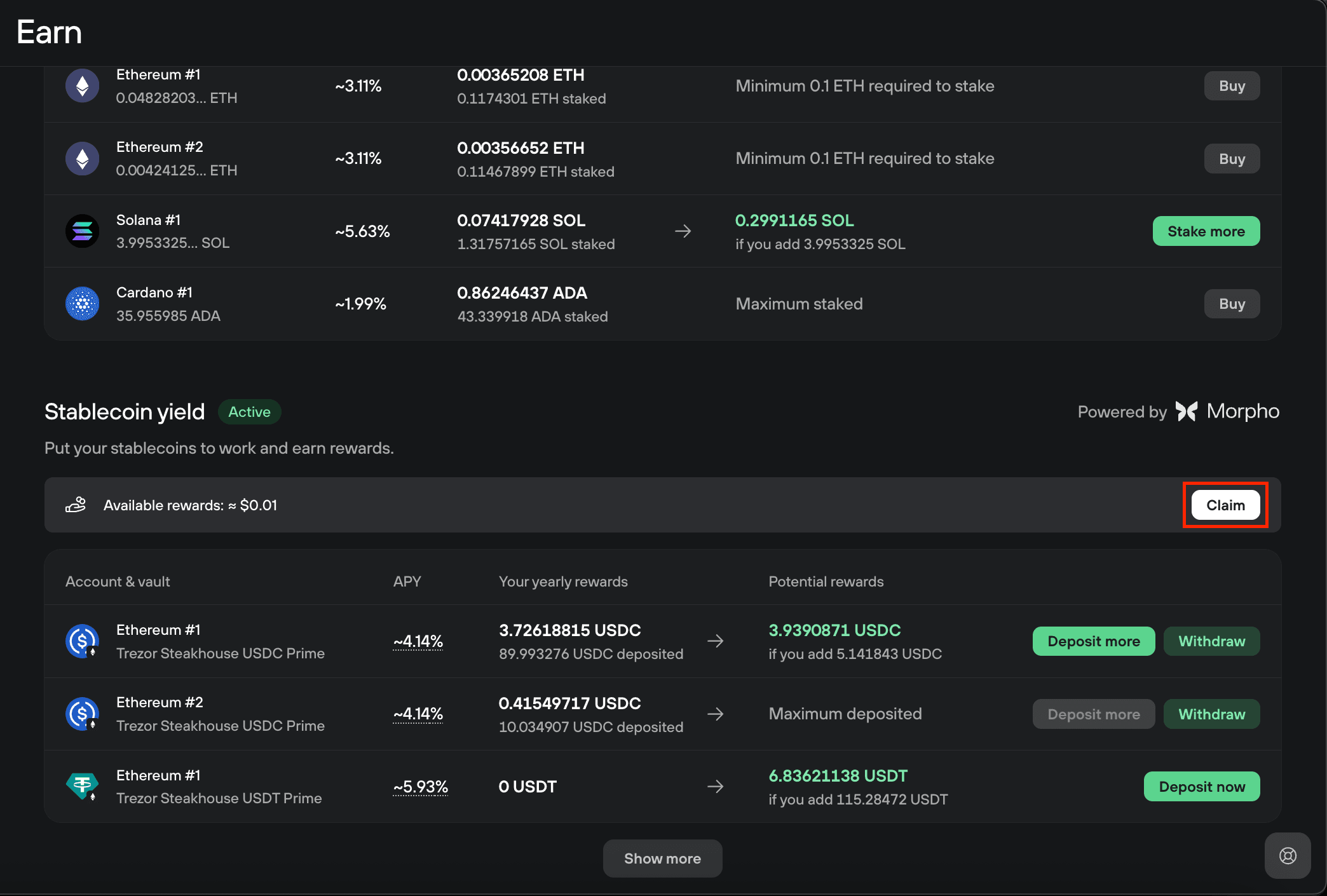 Active stablecoin yield table with rewards ready to claim and USDC Prime deposit and withdraw options