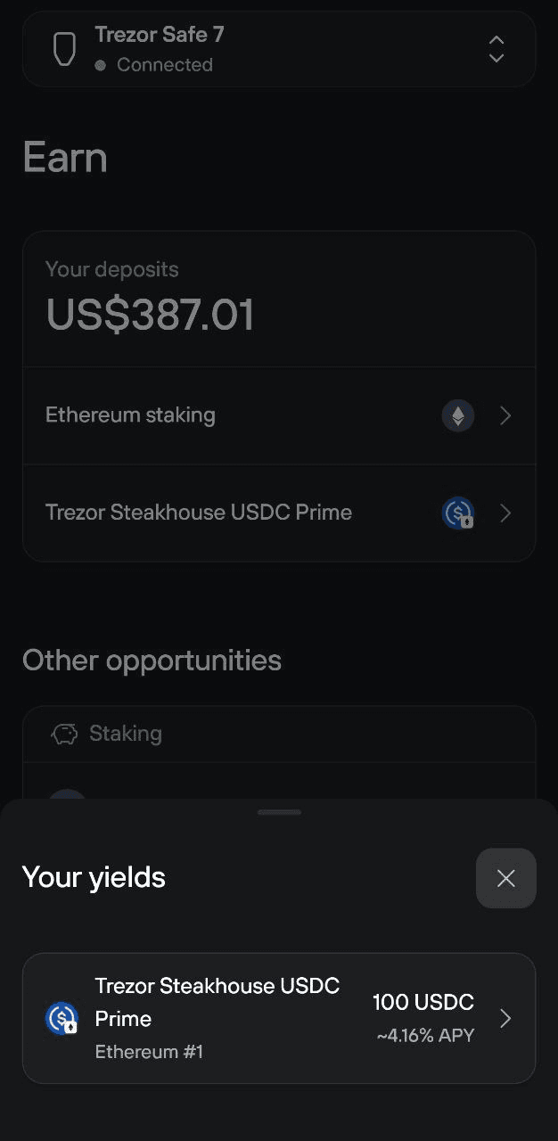 Mobile Earn page with deposits total and a yields sheet showing 100 USDC in USDC Prime