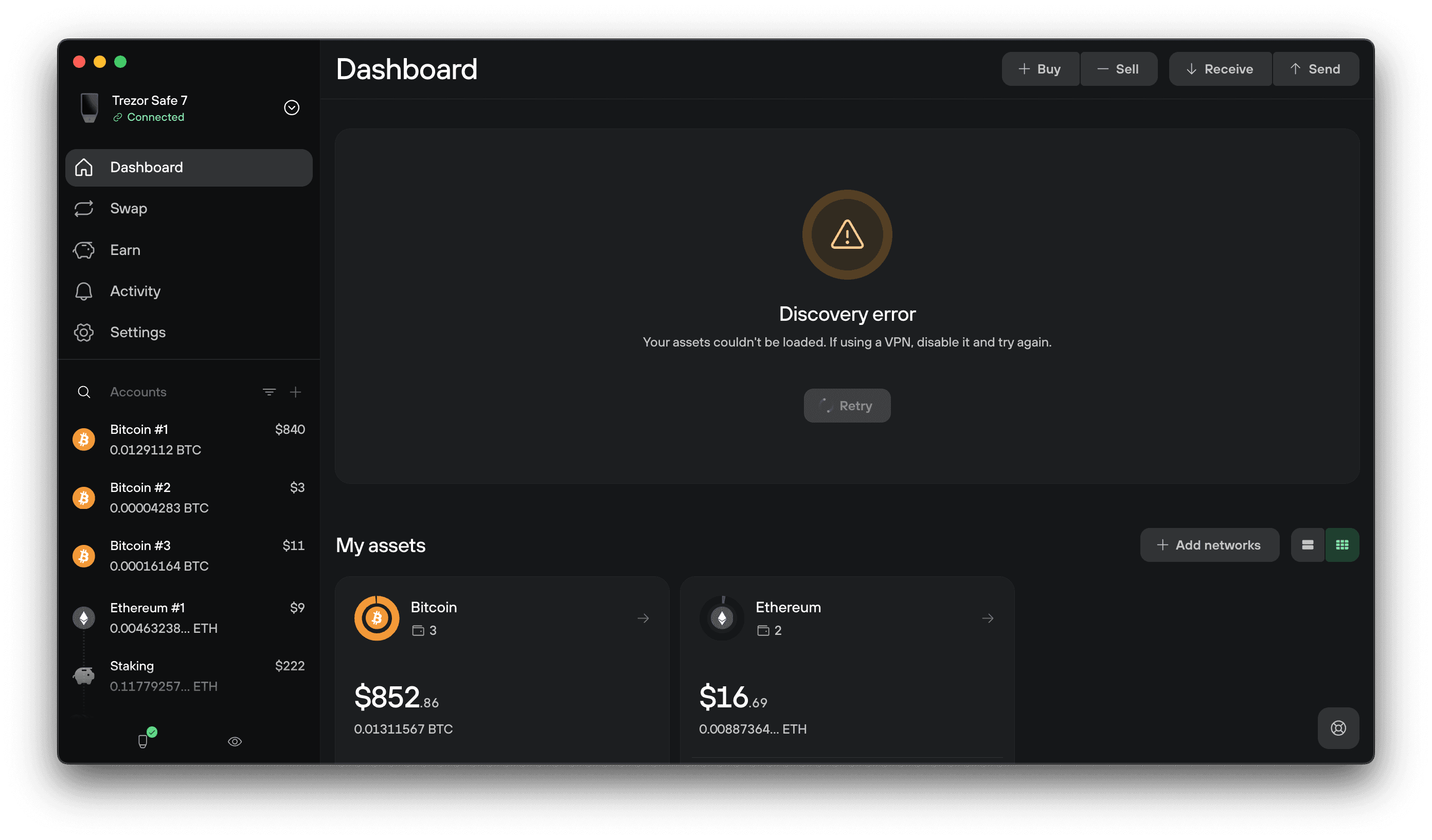 Trezor Suite Dashboard shows a discovery error advising users to disable a VPN and retry loading assets.