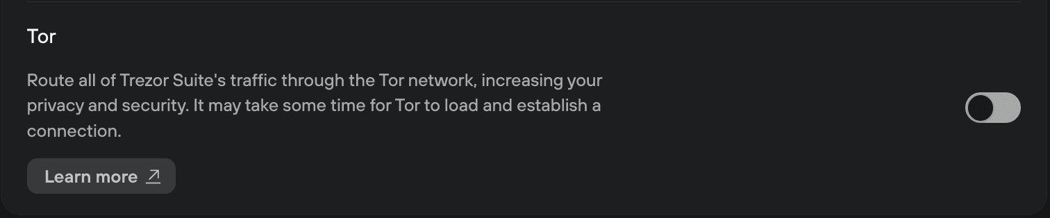 Tor setting routes Trezor Suite traffic through the Tor network, with the toggle turned off.