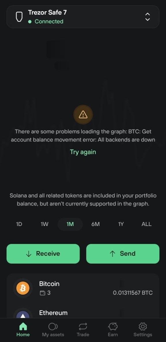 Trezor Suite shows a Bitcoin graph error stating all backends are down, with a Try again option.