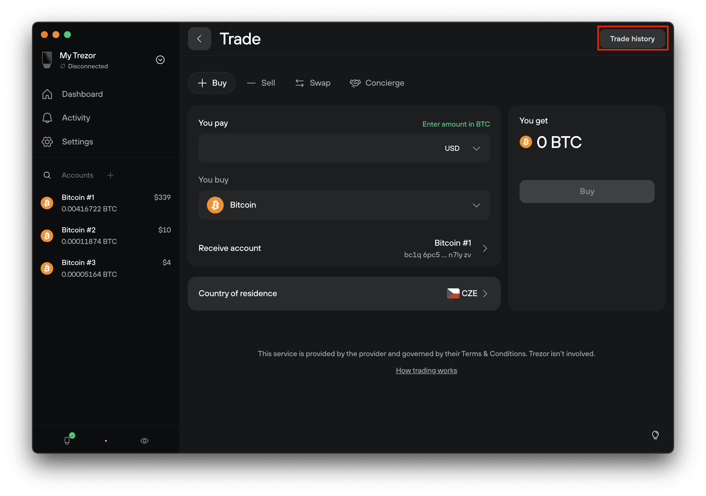Trade history button highlighted in the Trezor Suite Trade screen