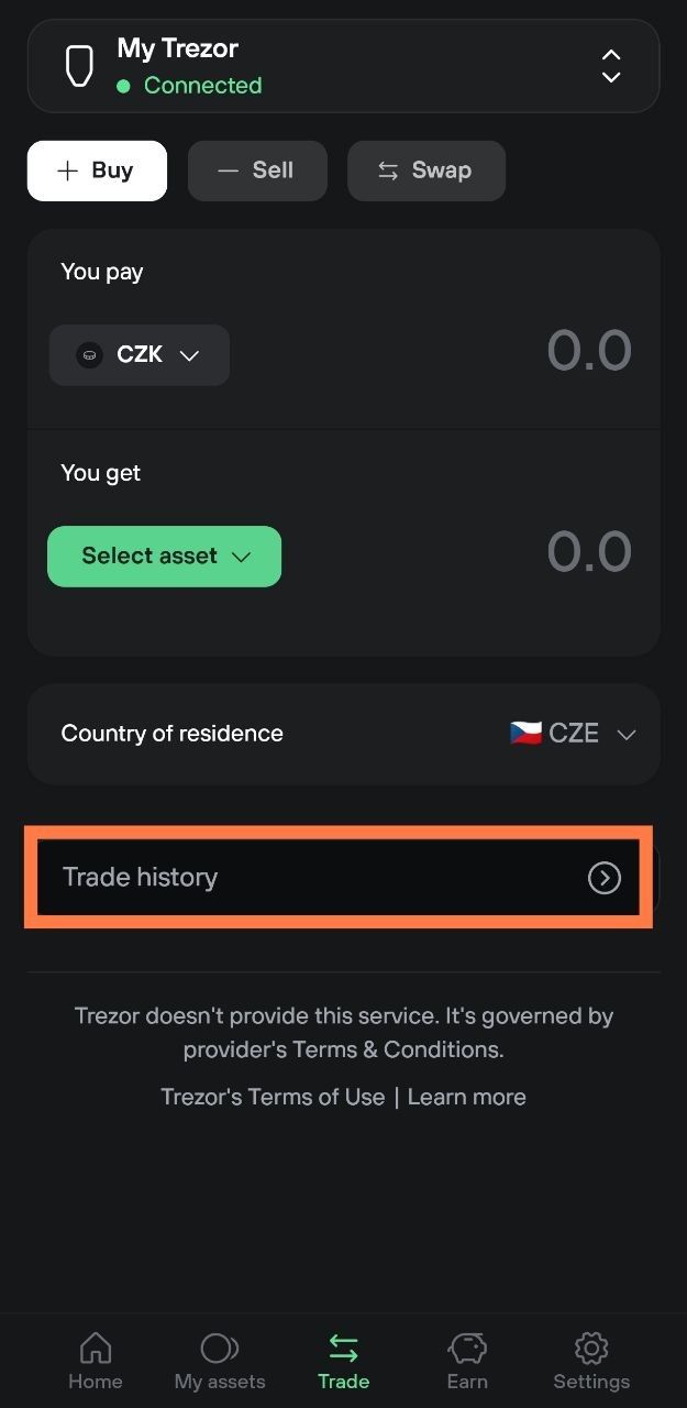 Trade history link highlighted on the Trezor Suite mobile Trade screen