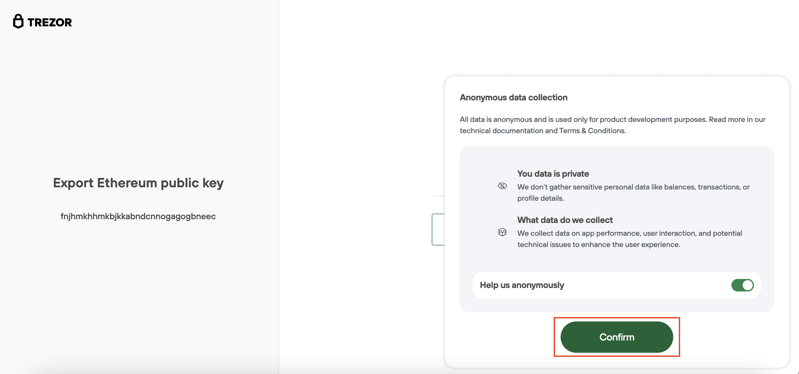 Trezor interface prompting to export an Ethereum public key, with a data collection notice and a green “Confirm” button.