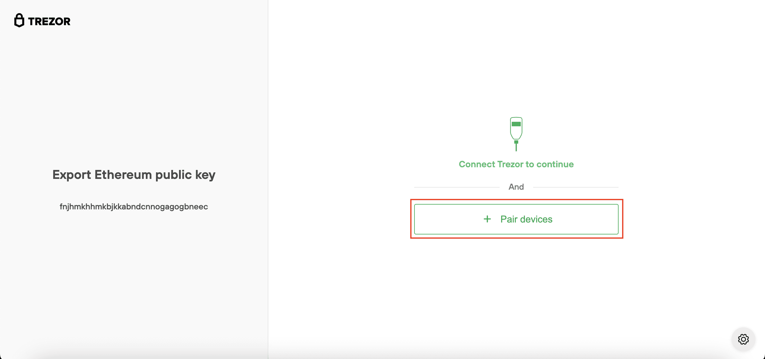 Trezor interface showing Ethereum public key export with a green prompt to connect the device and a highlighted “Pair devices” button.