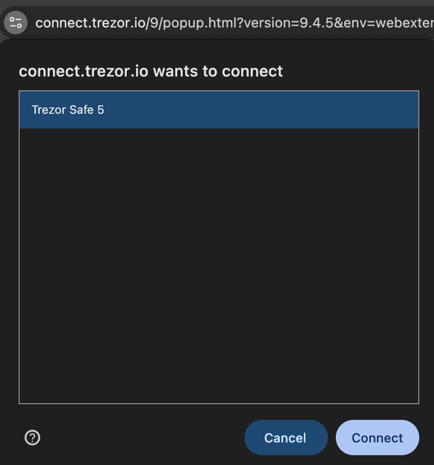 Trezor browser pop-up showing a prompt to connect, with “Trezor Safe 5” selected and Cancel and Connect buttons at the bottom.