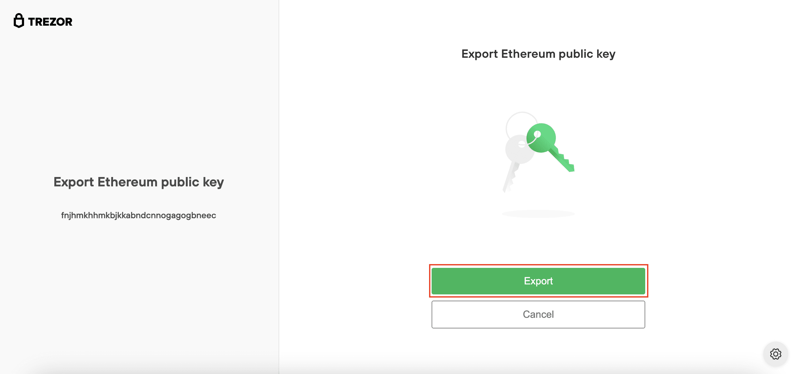 Trezor confirmation screen showing Ethereum public key export with a green “Export” button and a key icon above it.