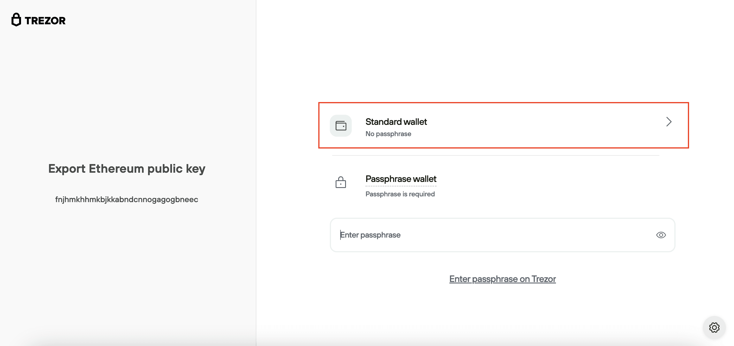 Trezor screen prompting the user to choose between a Standard wallet with no passphrase or a Passphrase wallet with input field.