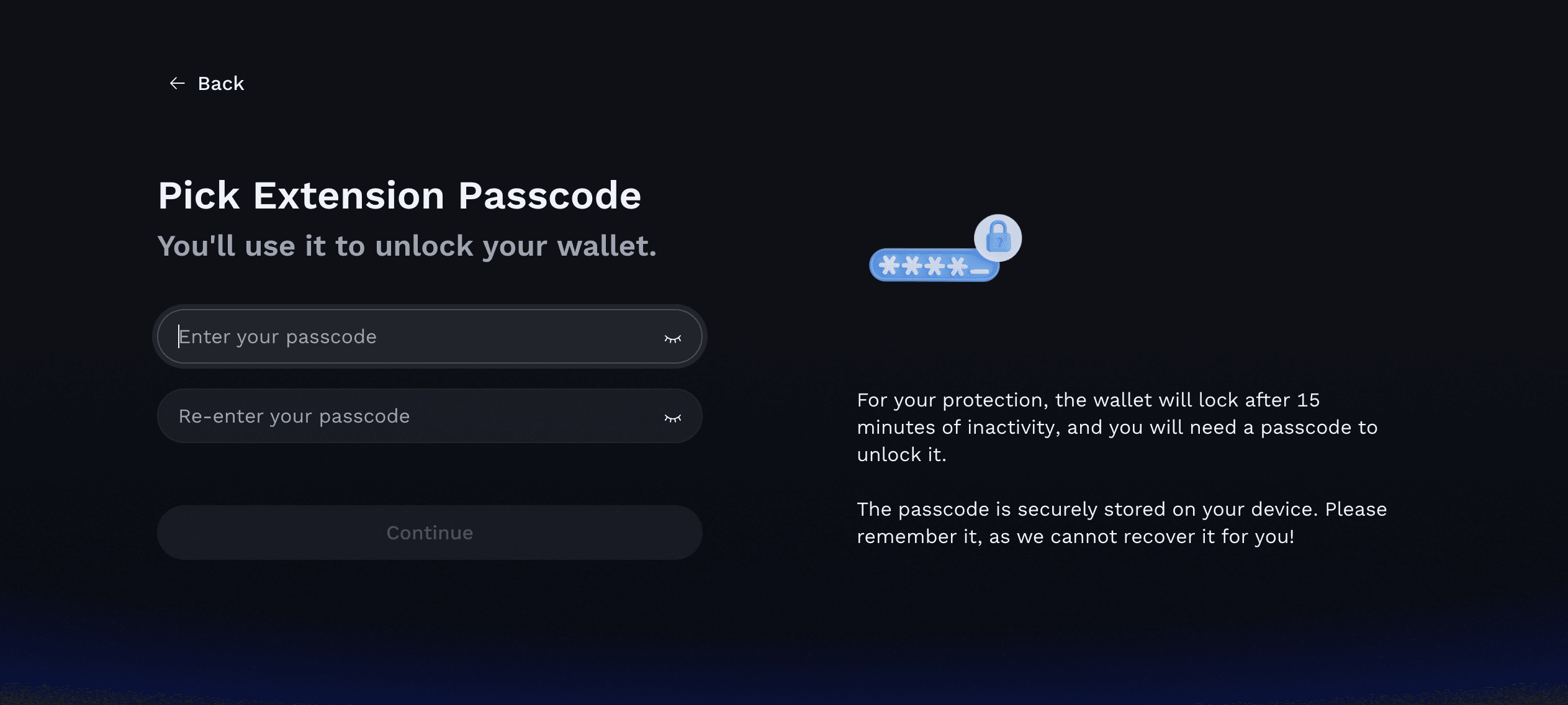 Ronin Wallet screen prompting user to set and confirm an extension passcode, with security info and a lock icon illustration.