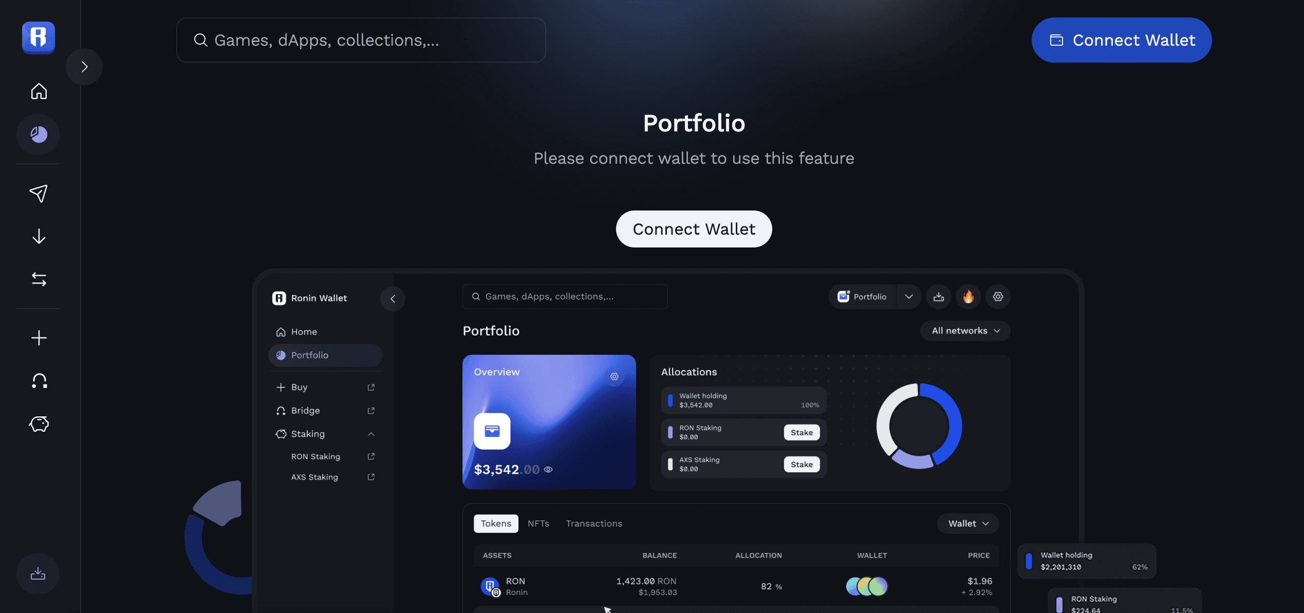 Ronin Wallet portfolio screen prompting to connect a wallet, with sidebar navigation and portfolio overview preview.