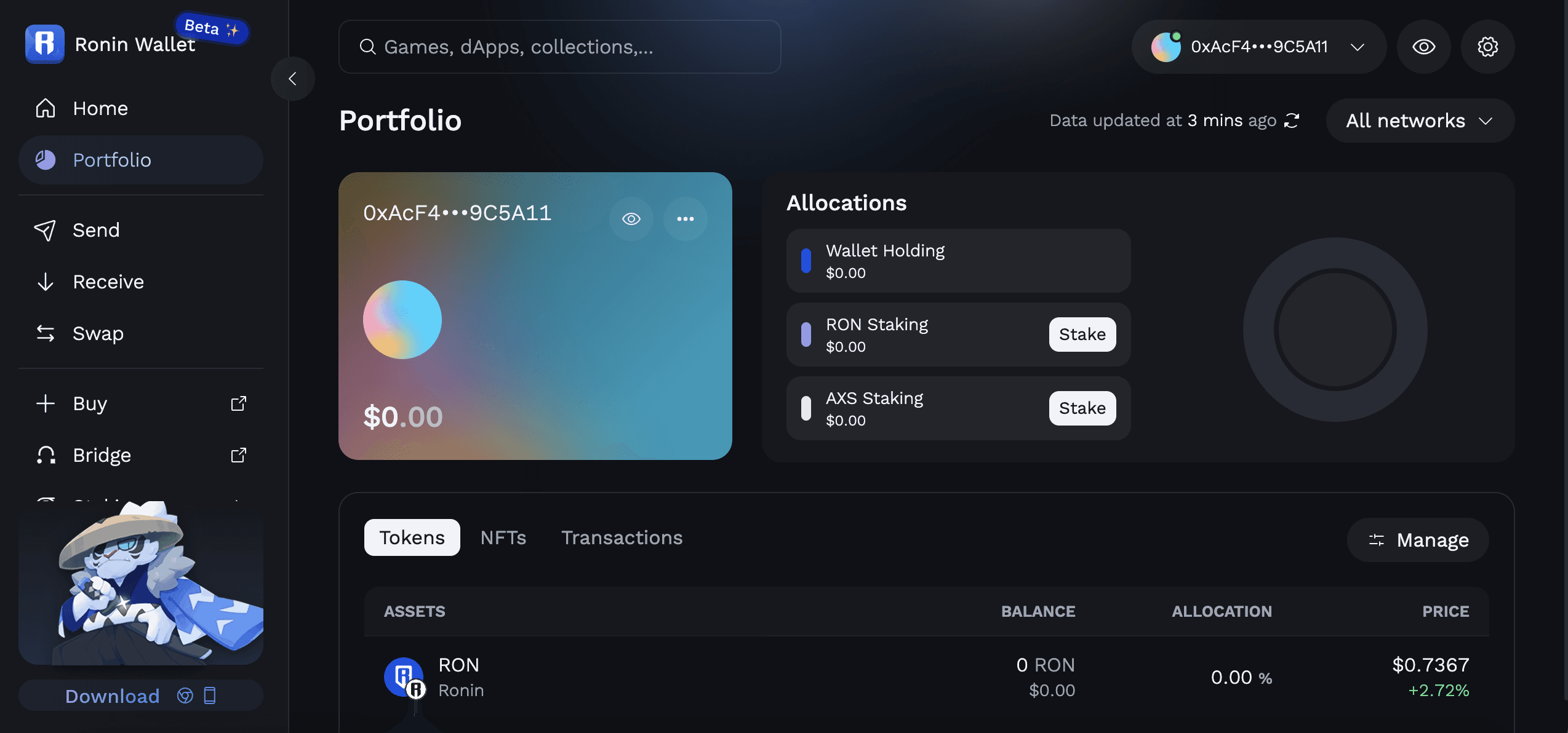 Ronin Wallet portfolio screen showing a connected address with $0 balance, staking options, and asset details including RON token.