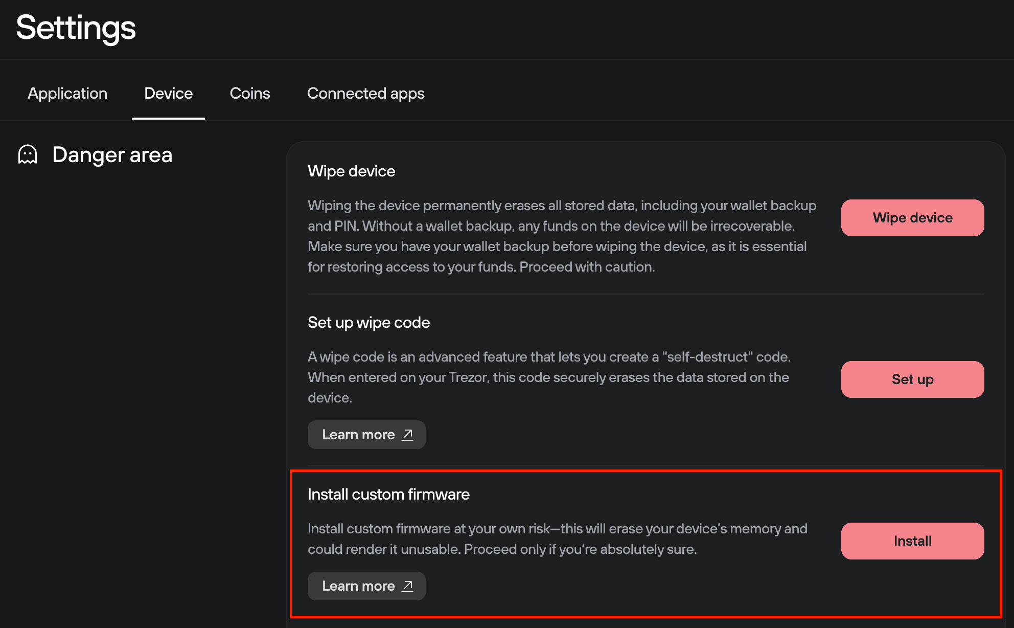 Trezor Suite Device settings “Danger area” showing Install custom firmware option with Install button