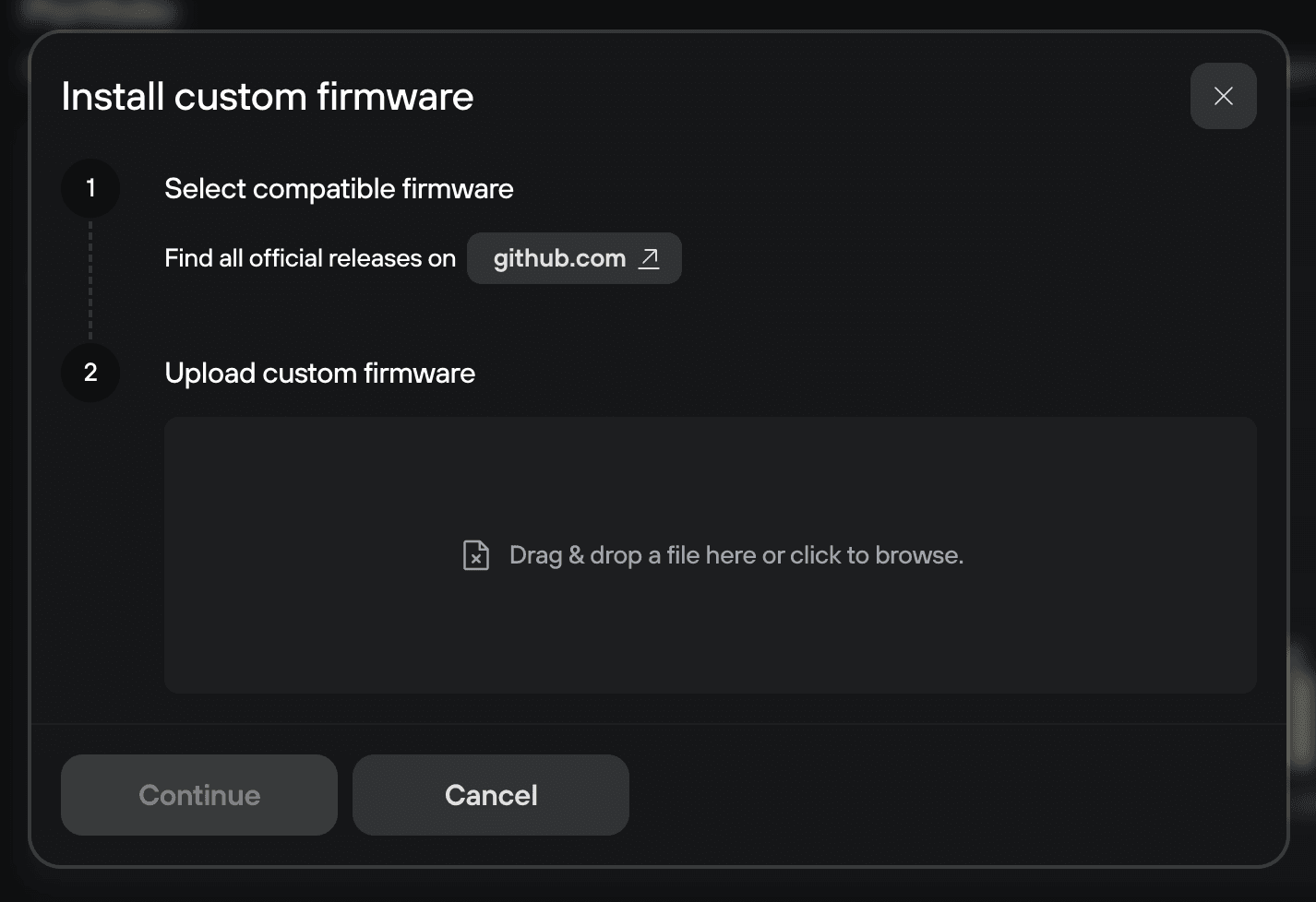 Trezor Suite dialog “Install custom firmware” with steps to select compatible firmware and upload a file via drag and drop