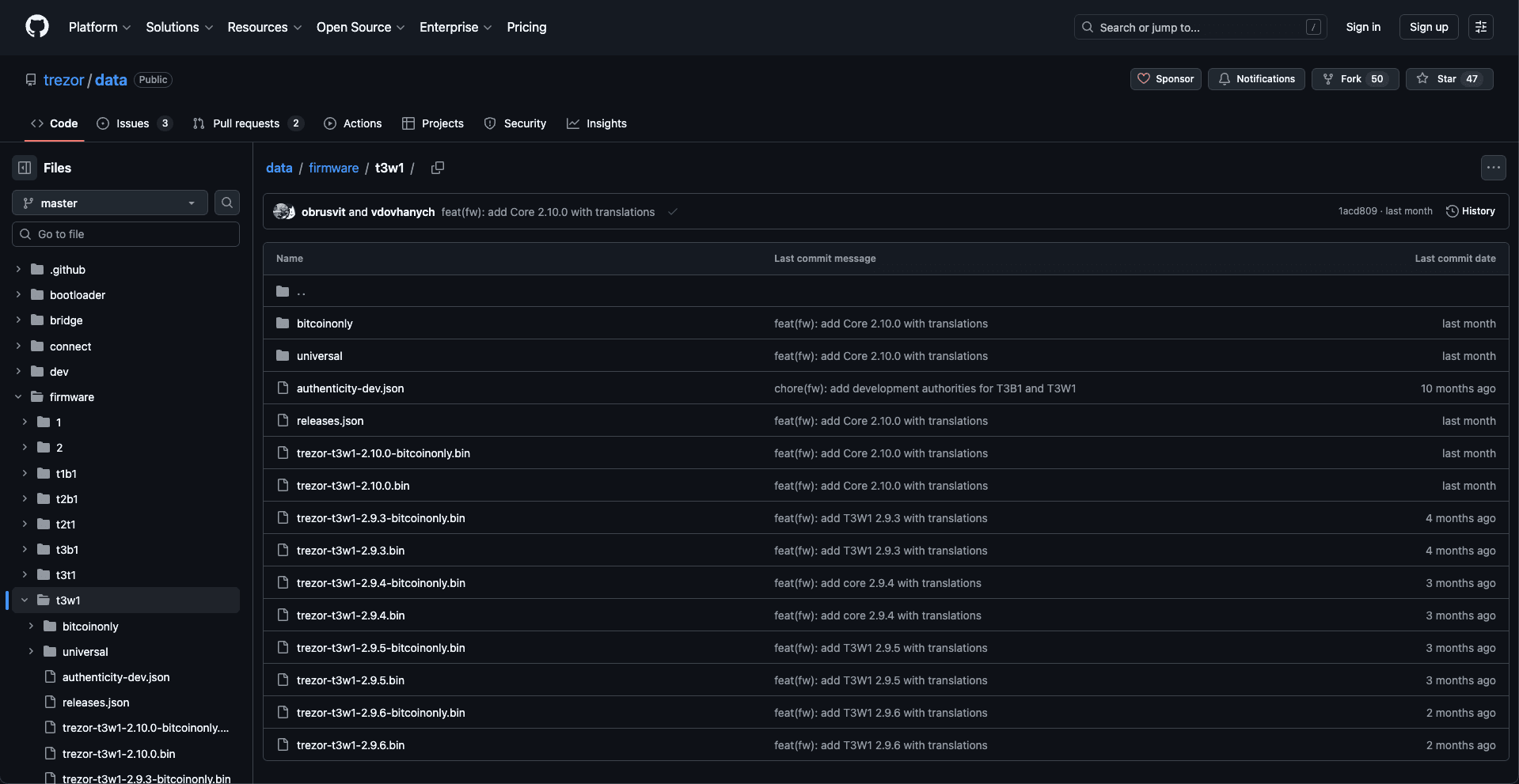 GitHub repository trezor/data showing firmware files and folders in the t3w1 directory