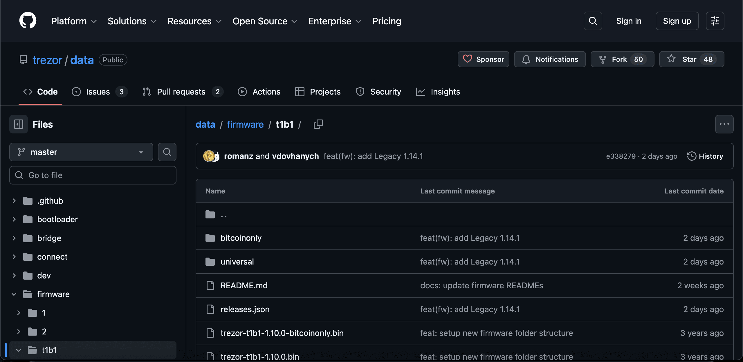 GitHub repository open to the firmware folder for Trezor Model One release files
