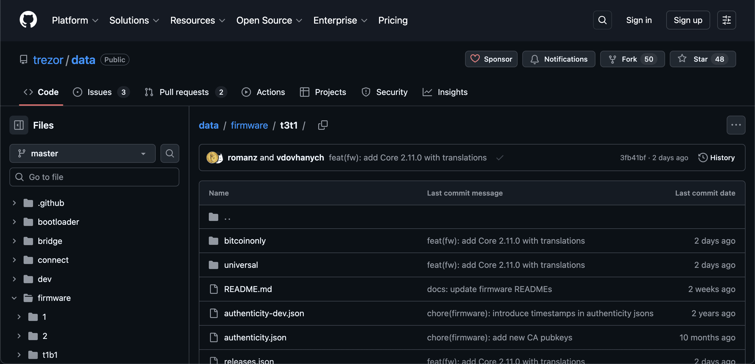 GitHub repository folder showing official firmware releases for Trezor Safe 5 under firmware/t3t1