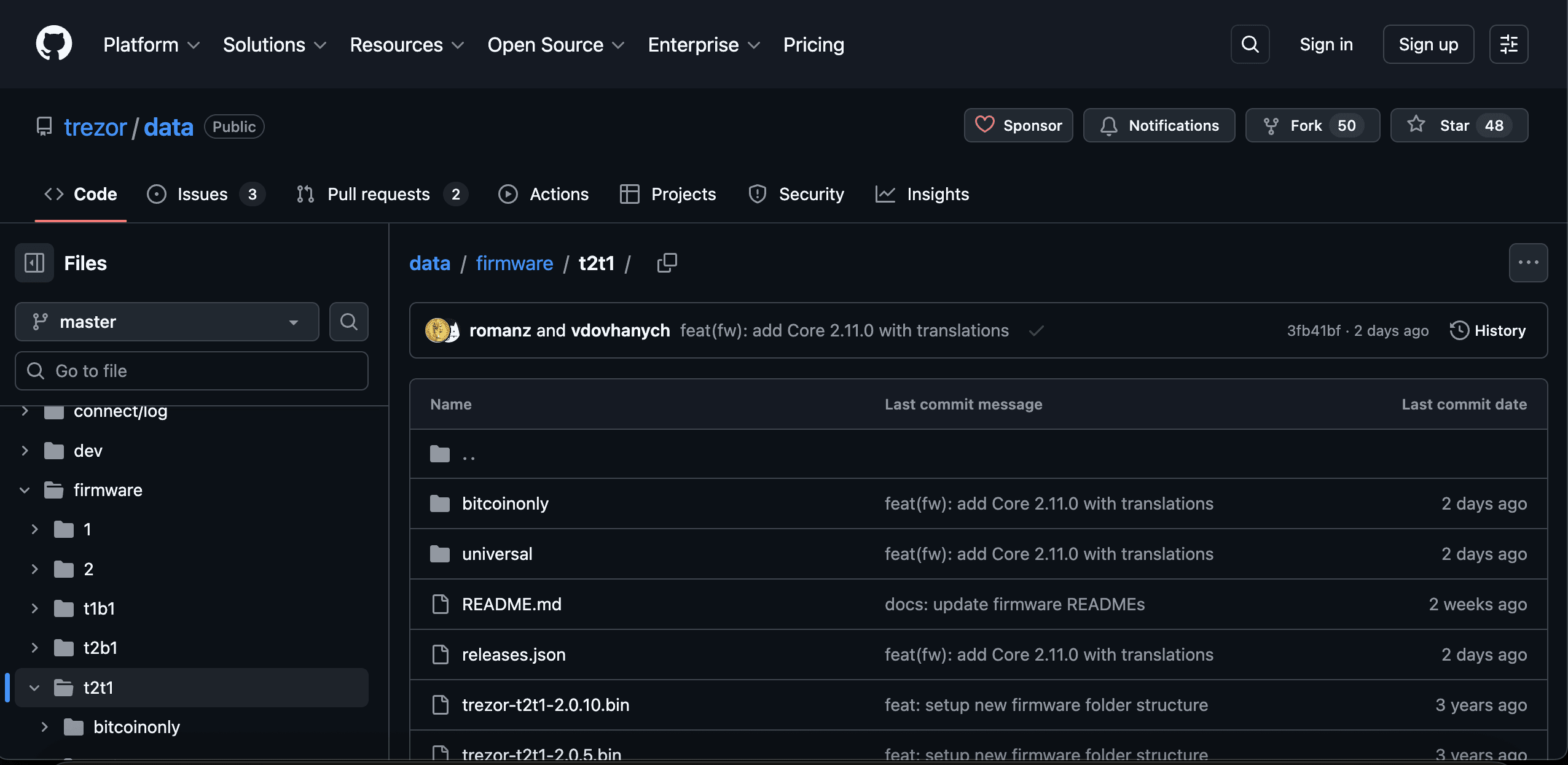 GitHub repository open to the firmware folder for Trezor Model T release files