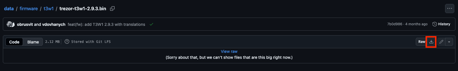 GitHub file page for trezor-t3w1-2.9.3.bin showing the download button highlighted