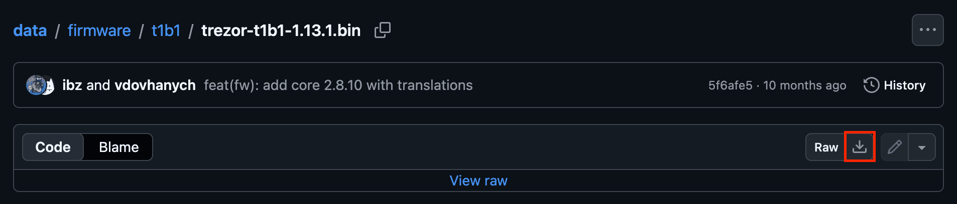 GitHub file page for trezor-t1b1-1.13.1.bin with the download button highlighted