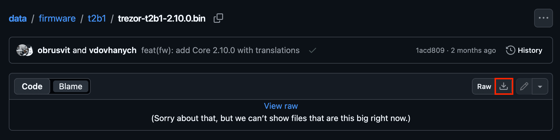 GitHub file page for trezor-t2b1-2.10.0.bin with the download button highlighted