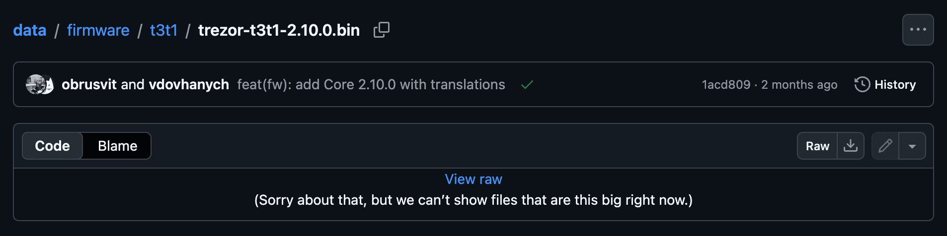 GitHub file page for trezor-t3t1-2.10.0.bin with the download button highlighted
