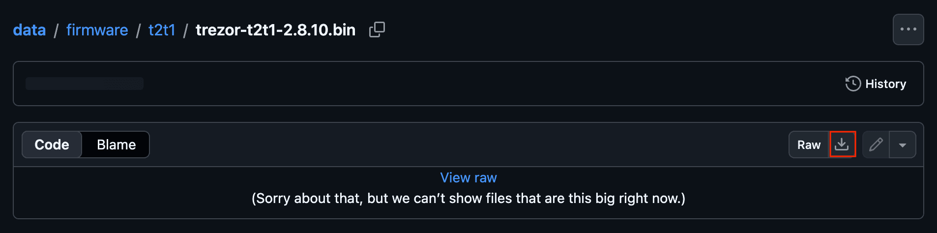 GitHub file page for trezor-t2t1-2.8.10.bin with the download button highlighted