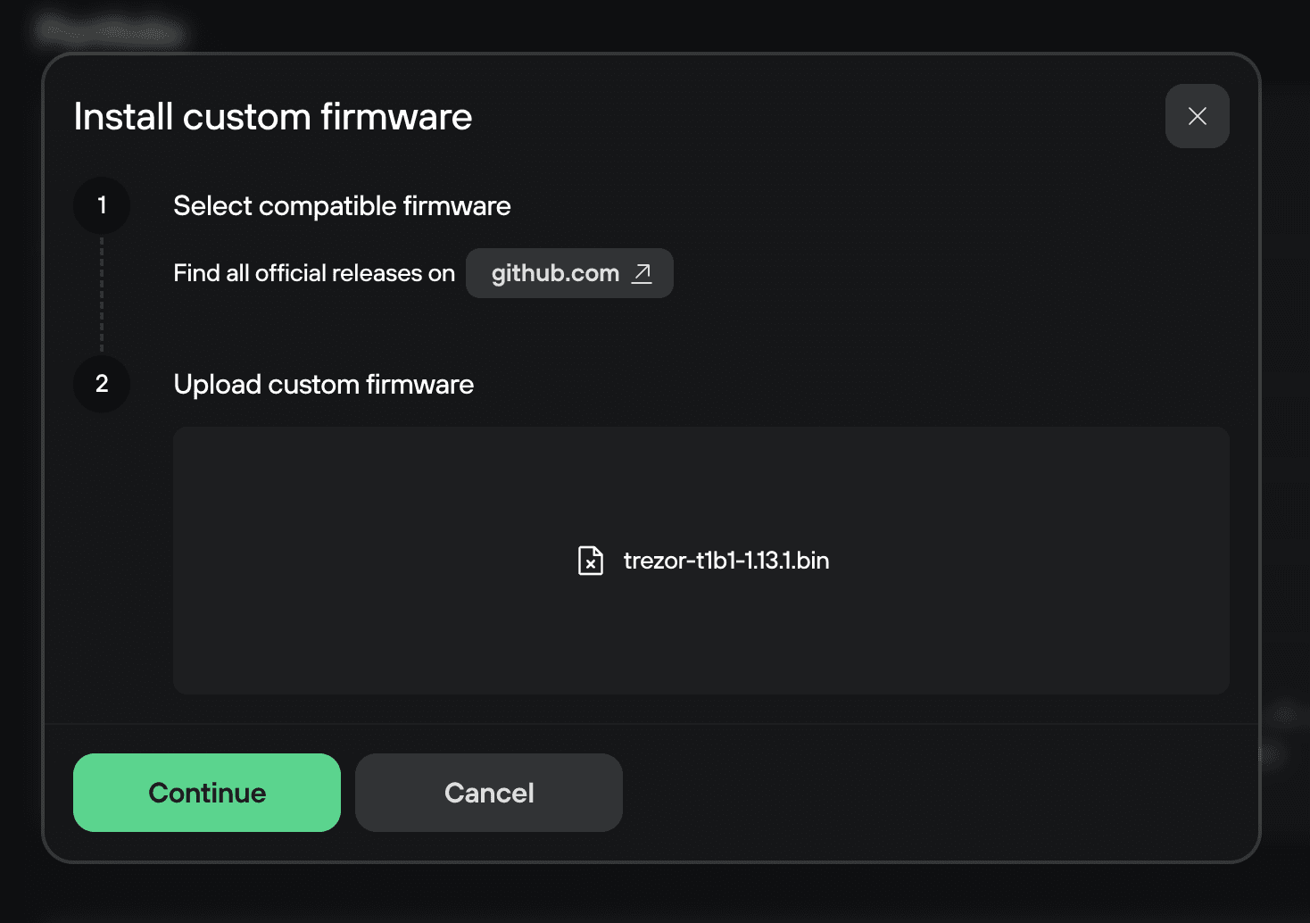 Install custom firmware dialog showing trezor-t1b1-1.13.1.bin selected for upload