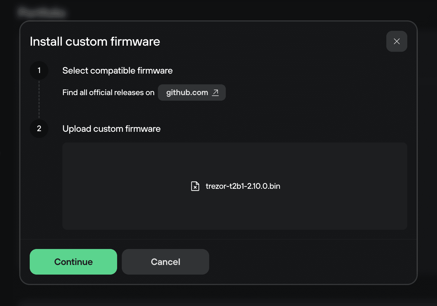 Install custom firmware dialog with trezor-t2b1-2.10.0.bin selected and ready to continue