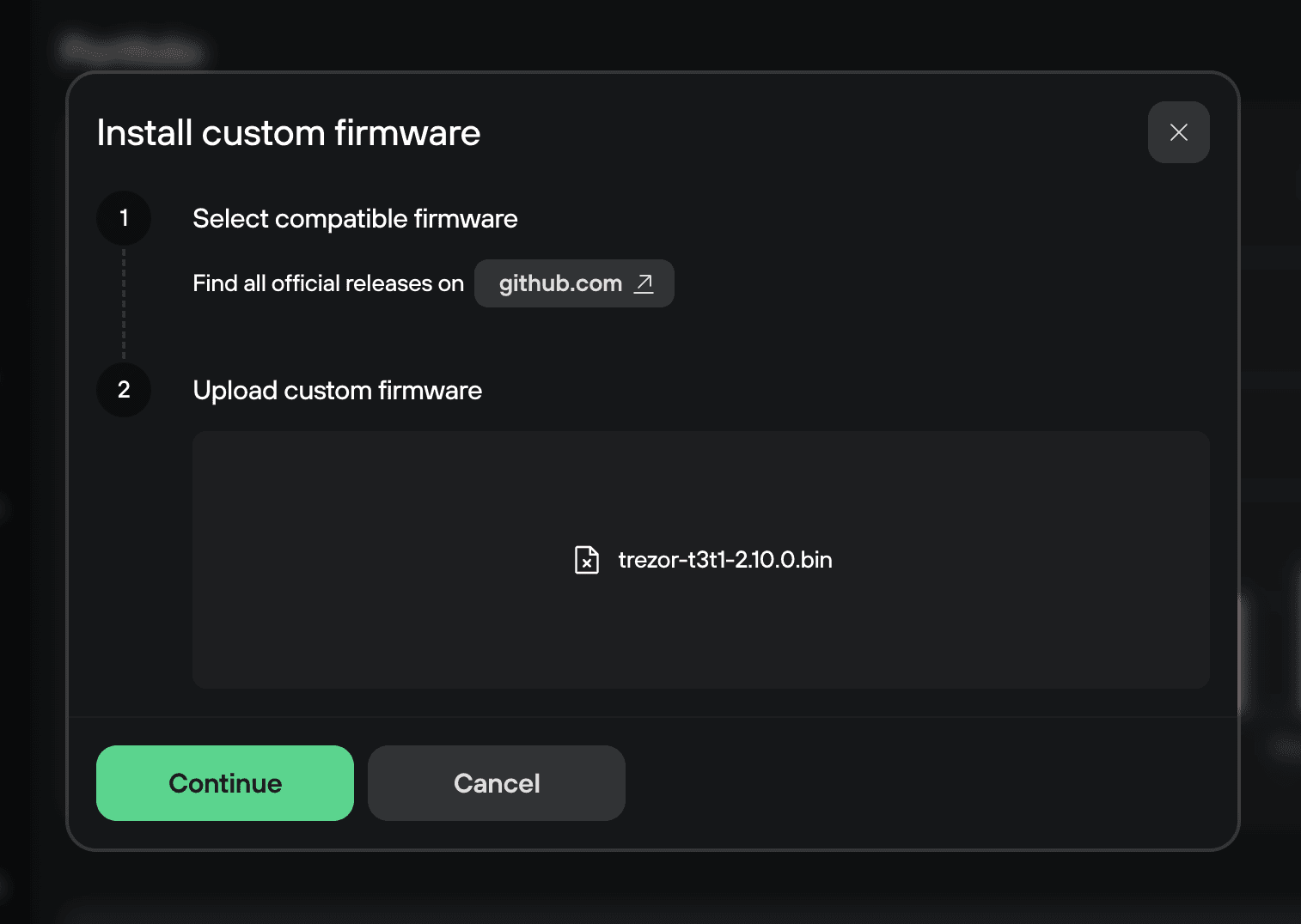 Install custom firmware dialog with trezor-t3t1-2.10.0.bin selected and ready to continue