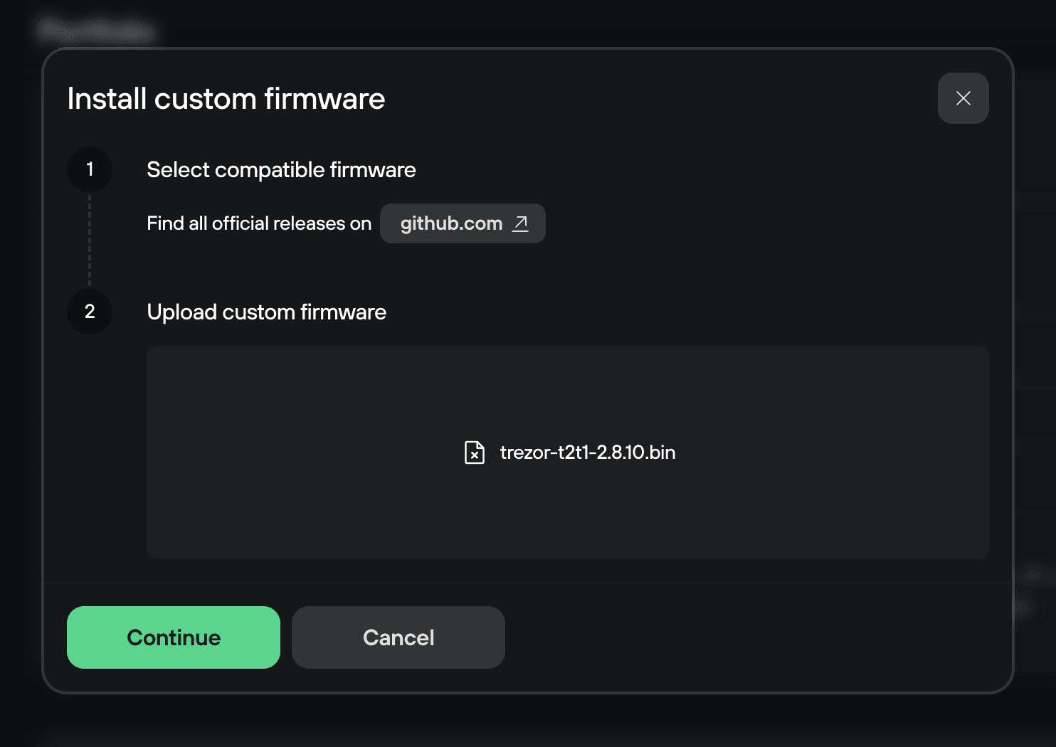 Install custom firmware dialog showing trezor-t2t1-2.8.10.bin selected for upload