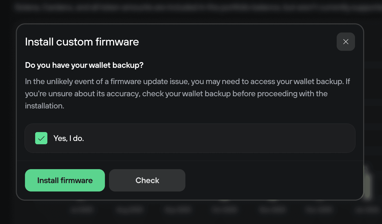 Trezor Suite confirmation dialog asking if you have your wallet backup before installing custom firmware