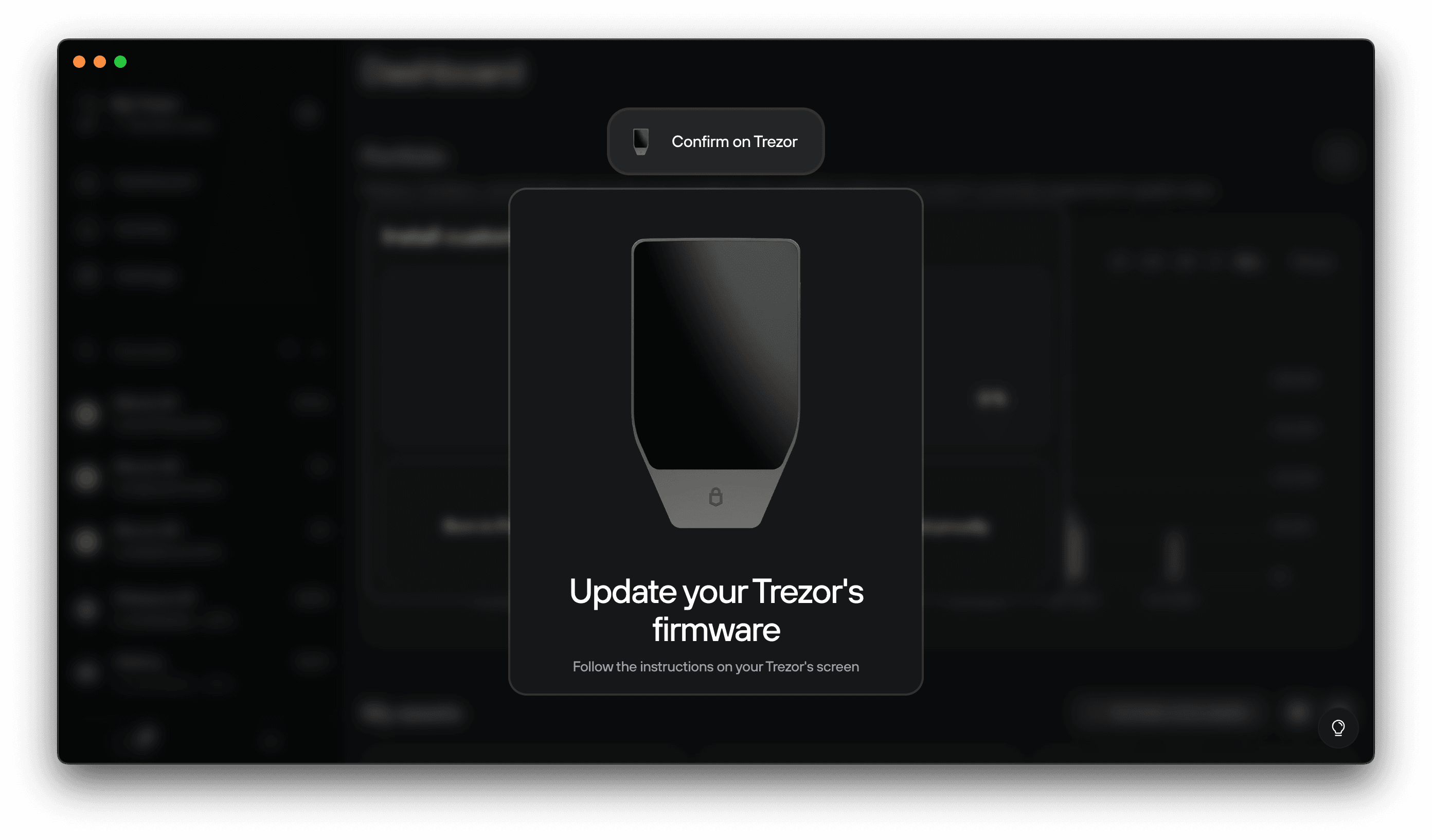 Trezor Suite screen prompting user to confirm and update the Trezor device firmware on the device itself
