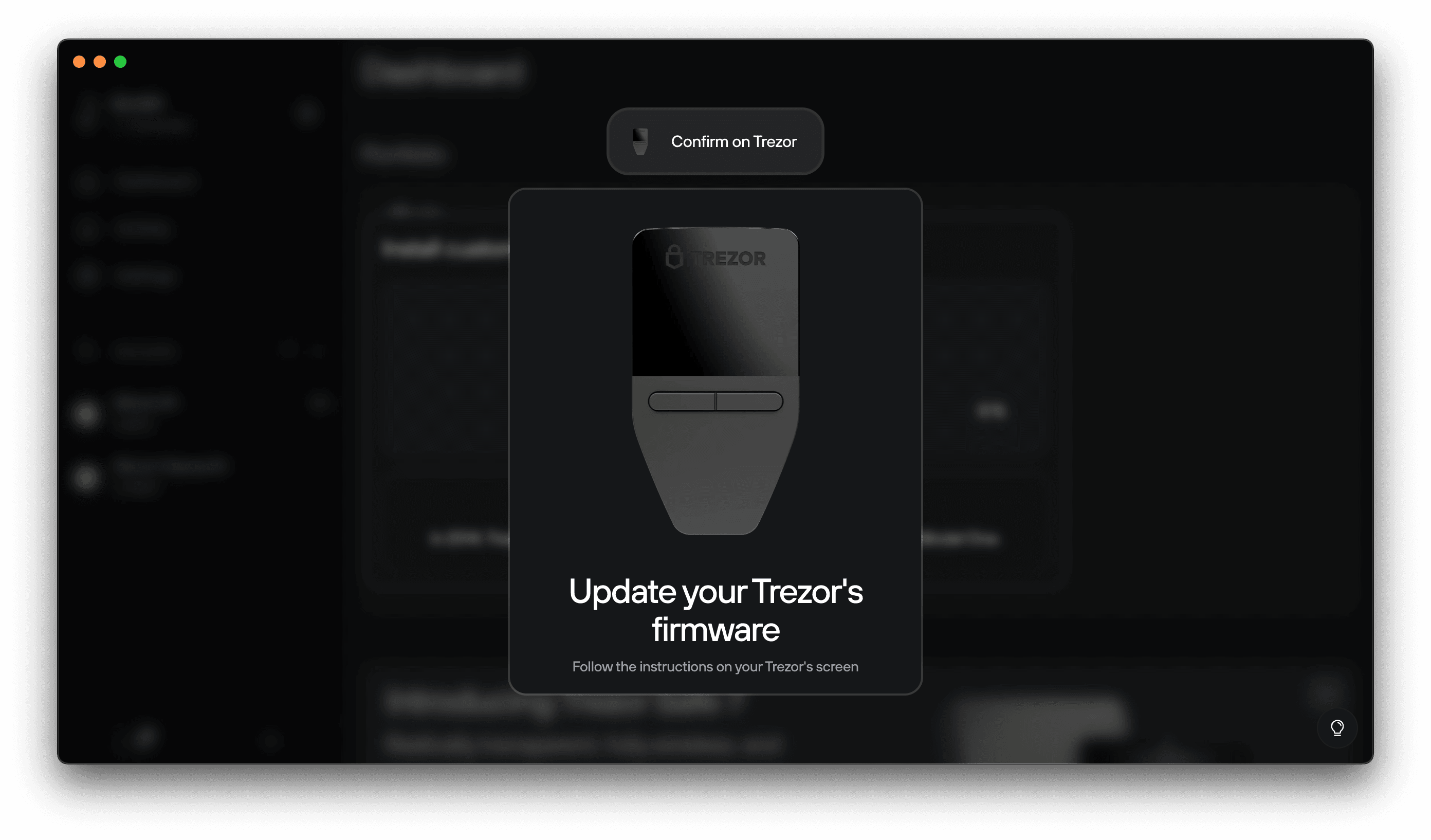 Trezor Suite prompts the user to confirm the firmware update on a connected Trezor Safe 3