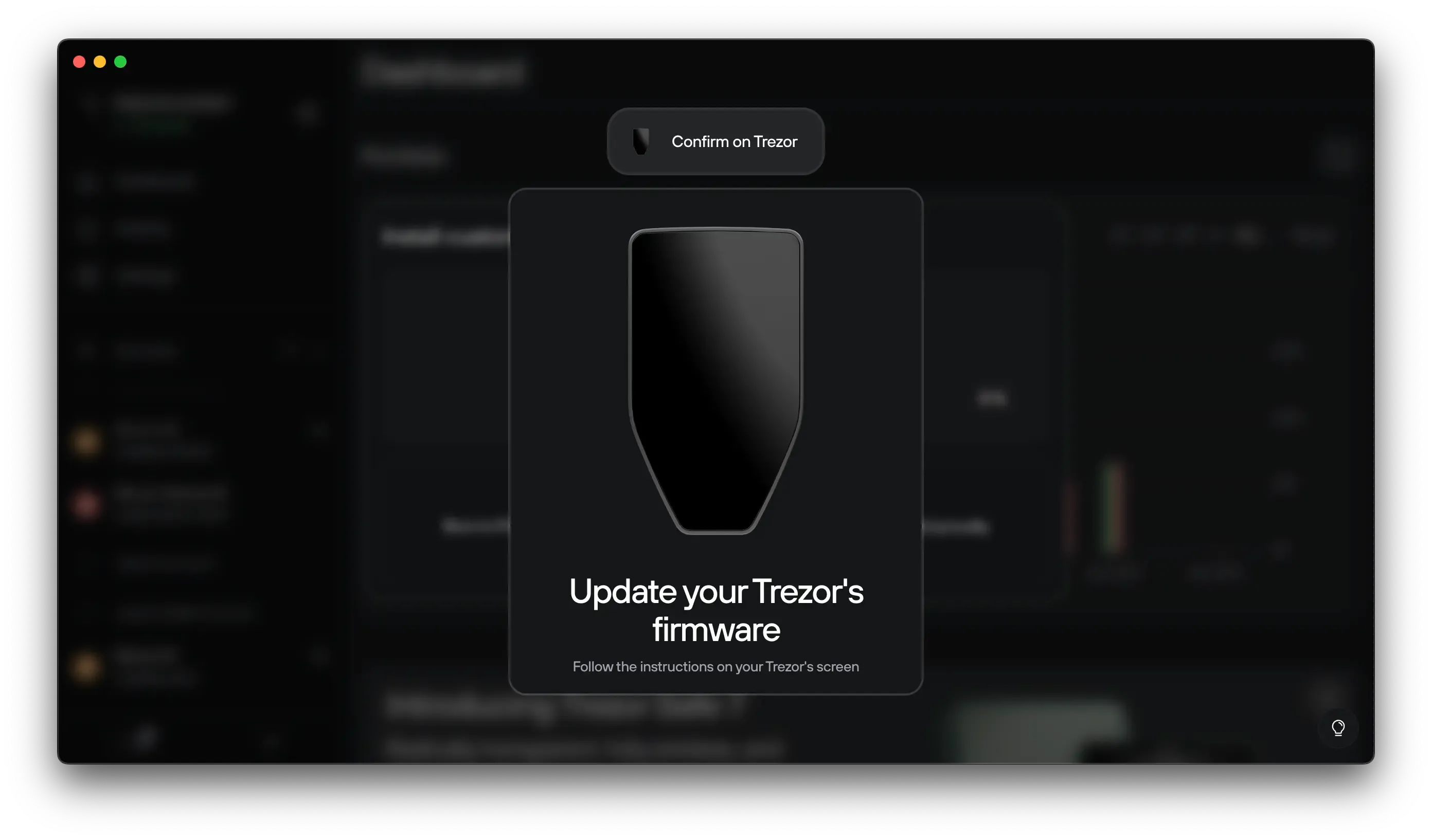 Trezor Suite prompts the user to confirm the firmware update on a connected Trezor Safe 5