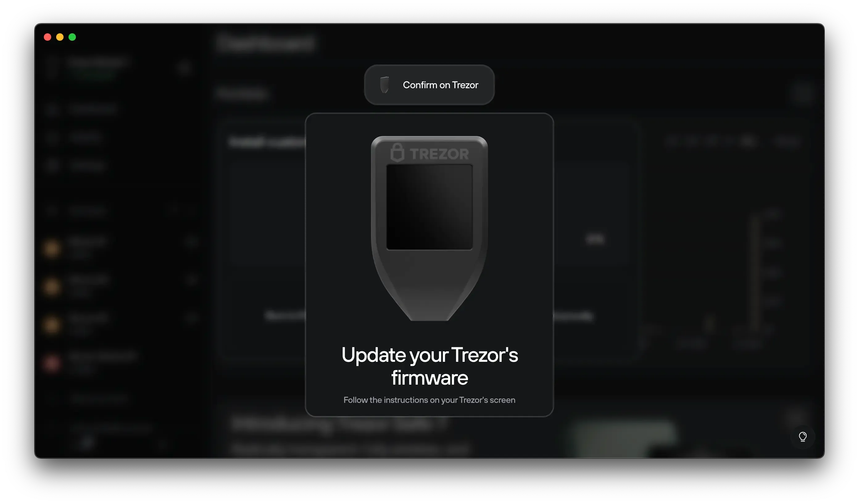 Trezor Suite prompt to confirm installing firmware on a connected Trezor Model T