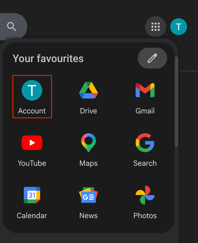 Google apps menu open in a browser with "Your favourites" panel, Account icon highlighted in a red box.