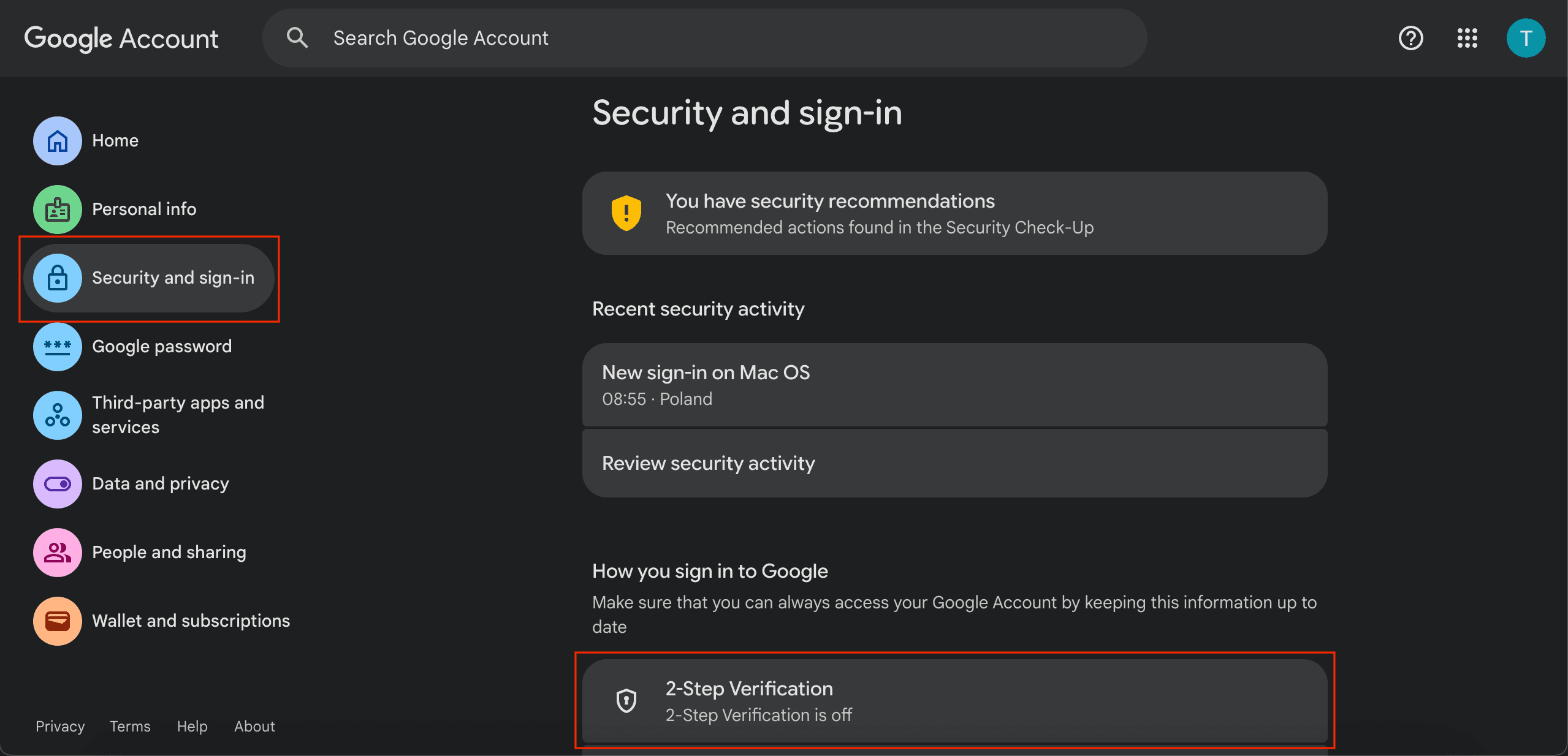 Google Account page with "Security and sign-in" selected in the left menu and "2-Step Verification" highlighted below.