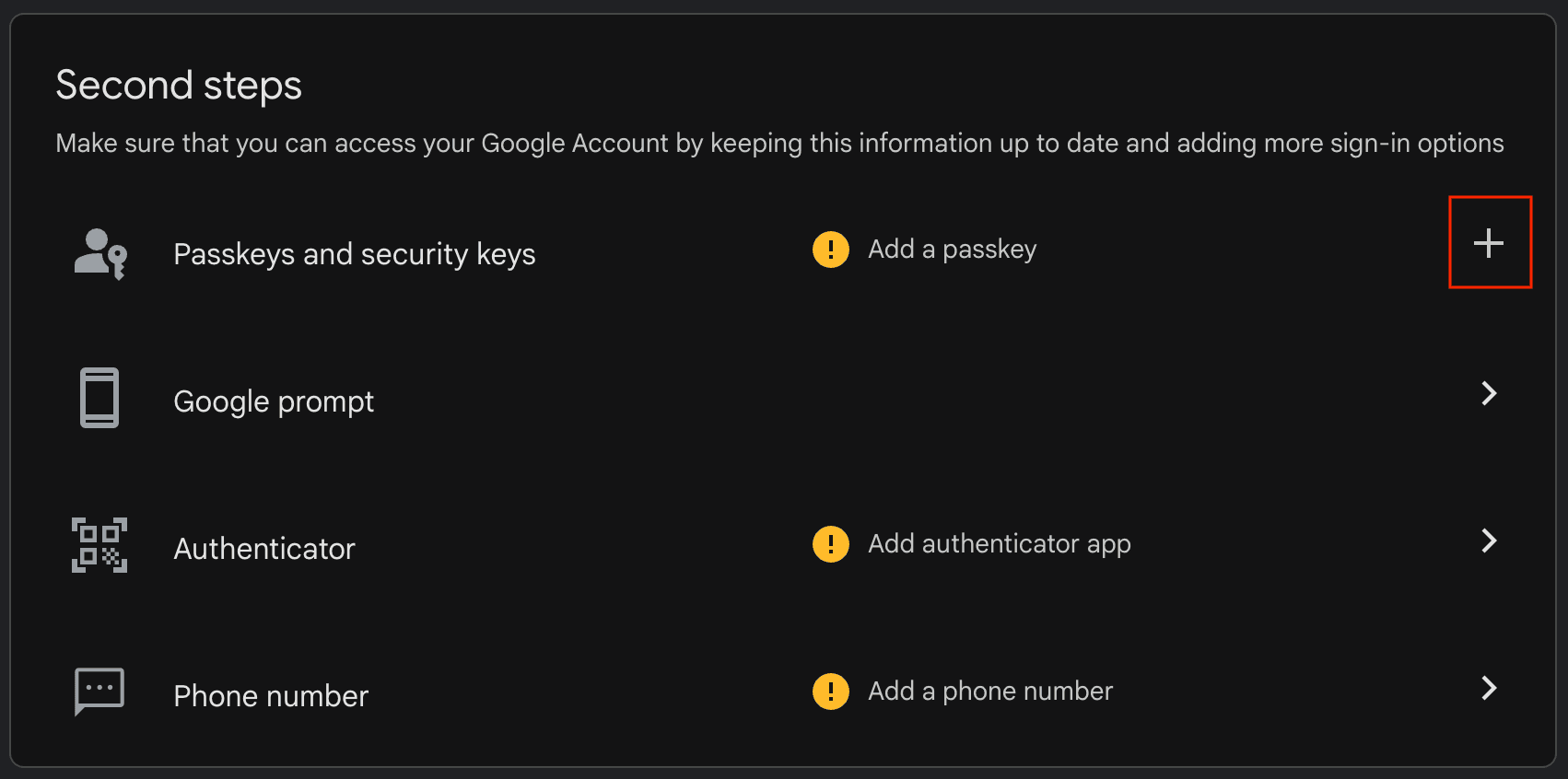 "Second steps" panel with passkey, authenticator, and phone options; add passkey "+" button highlighted.
