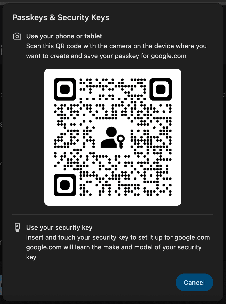 Google Passkeys dialog with a QR code for another device and an option to use a hardware security key below.