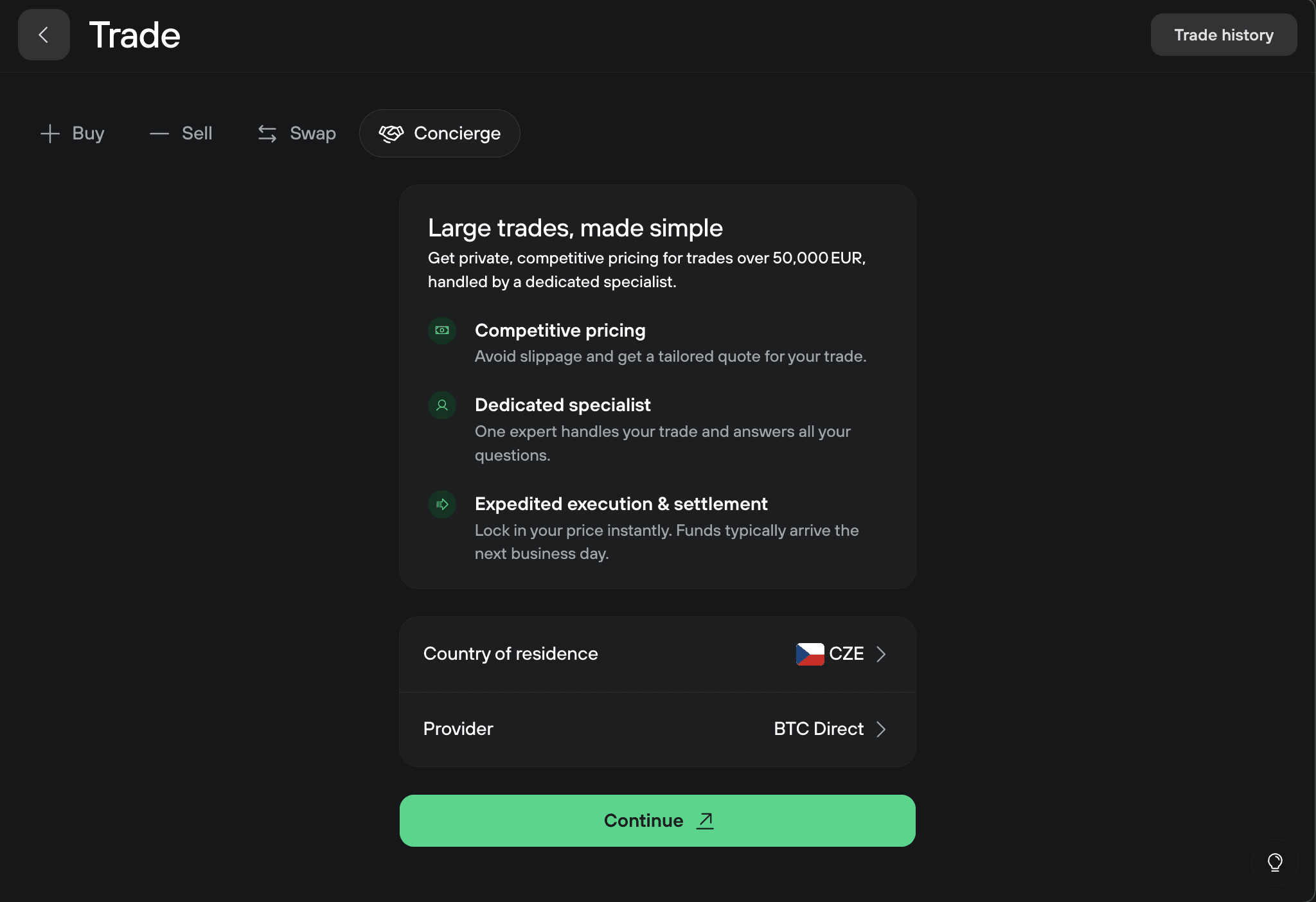 Trezor Suite Trade screen with the Concierge tab selected, showing BTC Direct as provider and a Continue button.