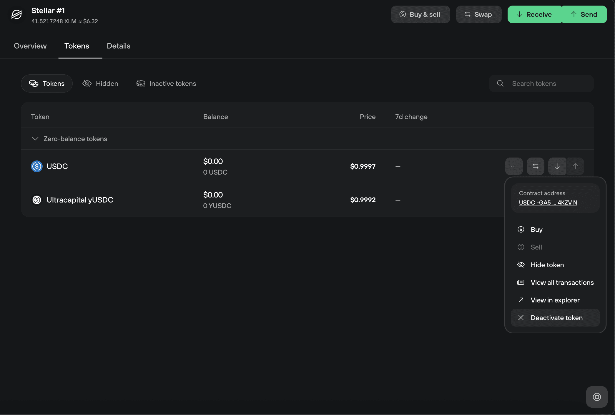Trezor Suite Tokens tab showing zero-balance Stellar tokens with a token actions menu and deactivate option