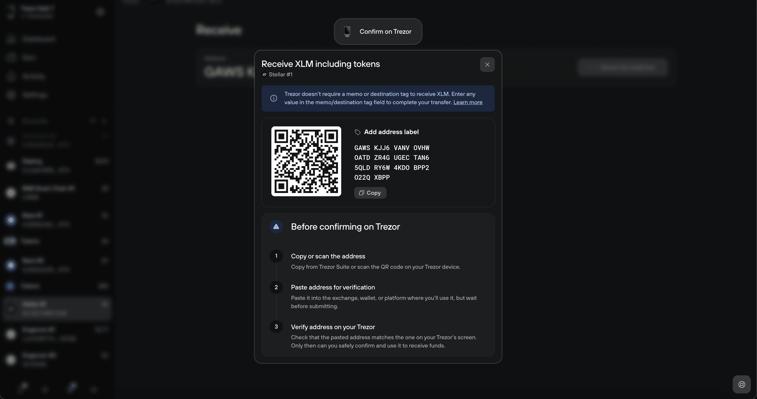 XLM receive screen showing QR code, address, and Trezor verification steps