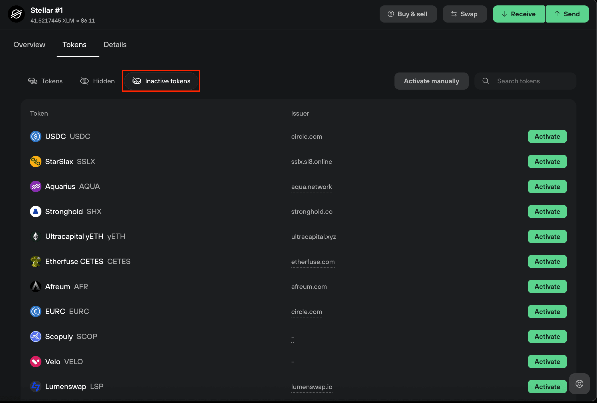 Stellar inactive tokens list showing token issuers and Activate buttons