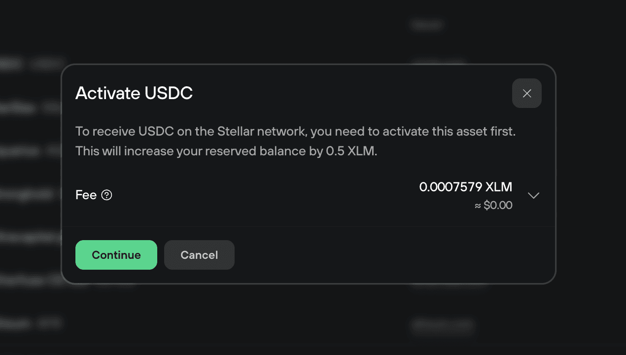 Activate USDC modal showing Stellar asset activation, reserved balance increase, fee, and Continue button
