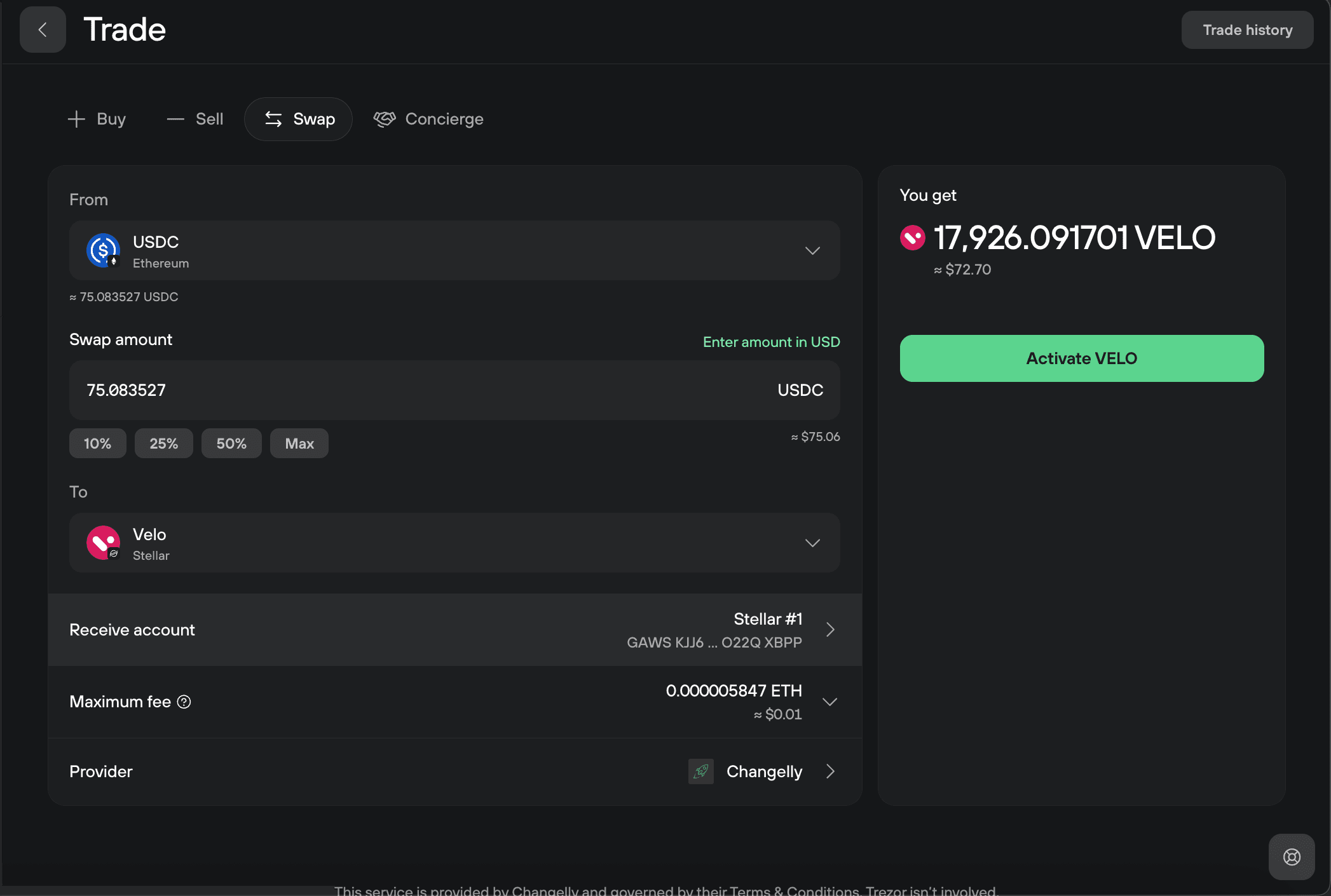 Trezor Suite Swap tab showing a USDC to VELO trade with amount, fees, provider, and activation button