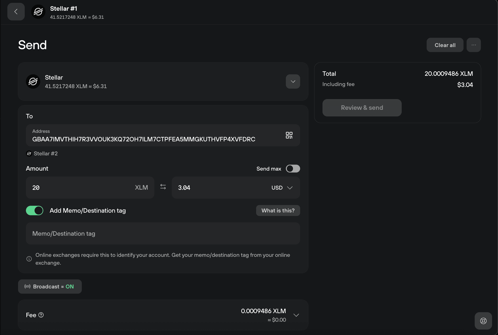 Trezor Suite Send screen for Stellar showing recipient address, amount, memo field, and transaction fee details