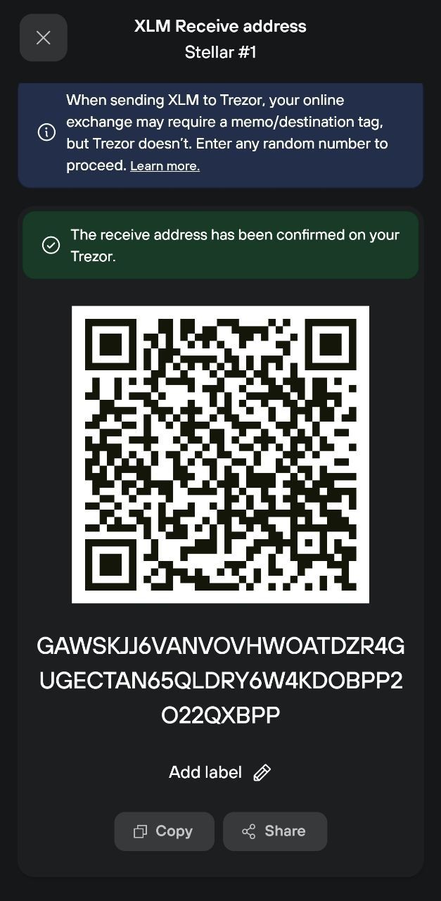 Trezor Suite XLM receive screen showing a confirmed Stellar address with QR code and memo guidance notice