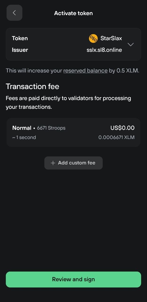 Trezor Suite token activation review showing selected Stellar token, reserve increase notice, fee details, and sign button